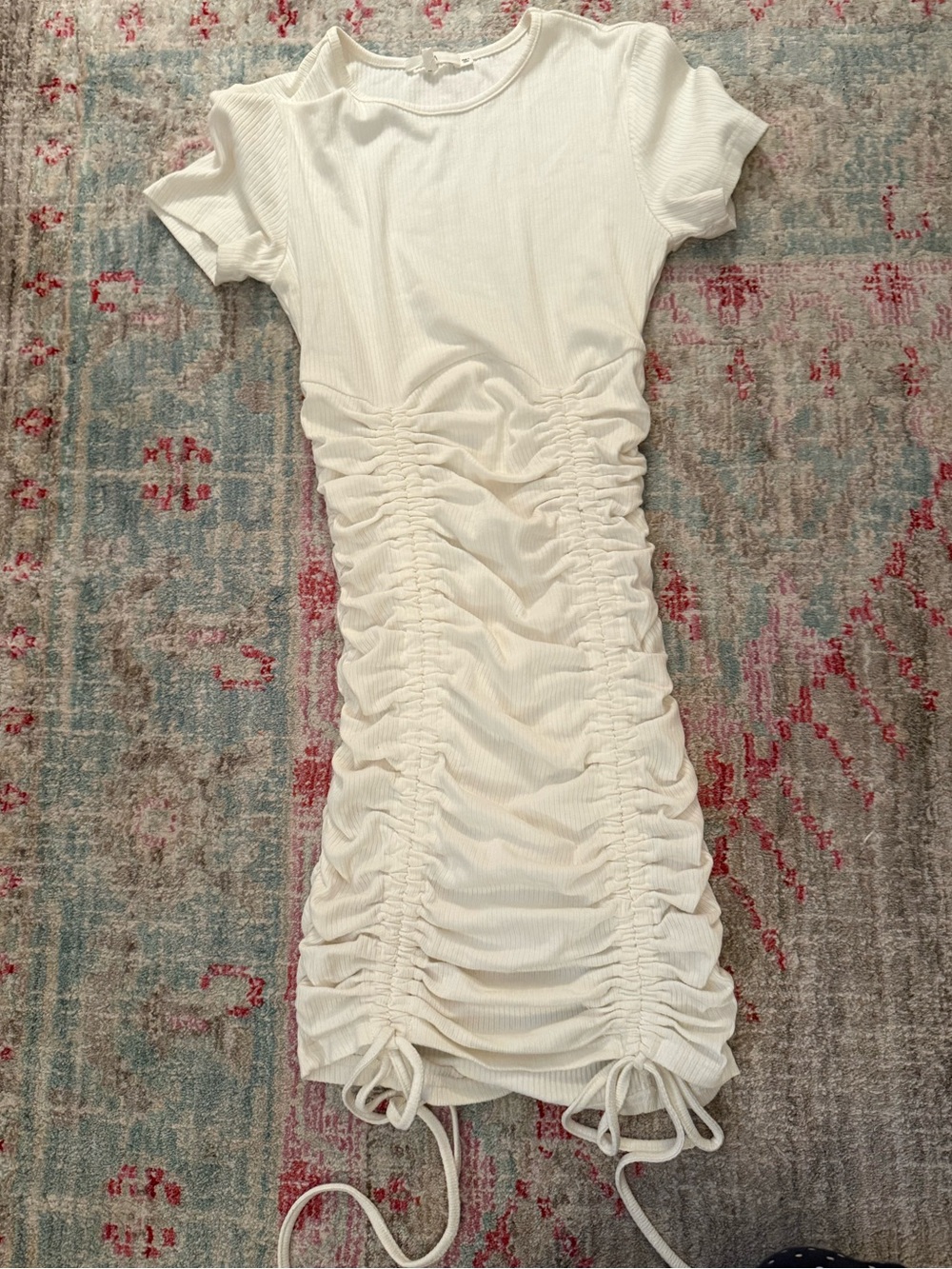 NIA White Ribbed Drawstring Ruched Bodycon Mini Dress - Picture 3 of 10